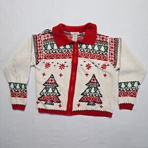 Vintage Christmas Cardigan Yarnworks Tree White Full Zip Holiday S Sweater 90s